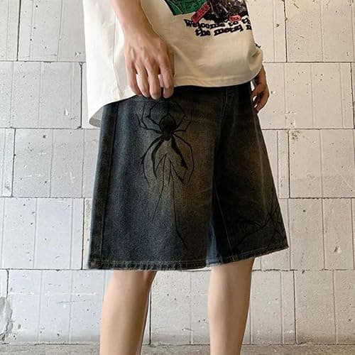 FENXIXIONE Mens Aesthetic Baggy Denim Loose Harajuku Y2k Fashion Streetwear Jean Jorts Spider Baggy Loose Straight Wide Leg Shorts thumbnail 3