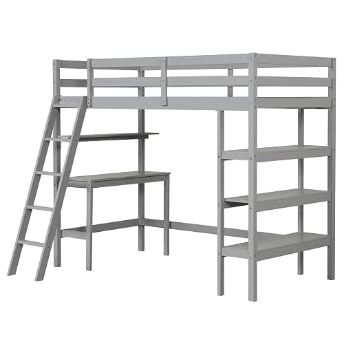 (PURCHASED) KOTEK Twin Loft Bed with Desk & Storage Shelves, Solid Wood Loft Bed Frame with Bookcase, Ladder, Guardrails, Twin Size Loft Bed for Kids, Teens, Drom, Apartment (Grey) thumbnail 8