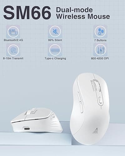 SOLAKAKA SM66 White Silent Dual Mode 2.4GHz Wireless Mouse, Adjustable 4800 DPI, Rechargeable Computer Mouse for PC, Mac, Laptop, Desktop - white thumbnail 2