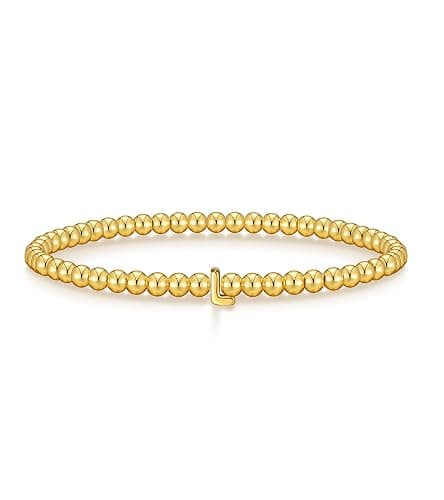 Wowshow Gold Bracelets for Women Stocking Stuffers Stretch Initial Beaded Bracelets 18K Gold Plated with A-Z Letter Charm Jewelry Gifts for Mother Birthday - Image 1