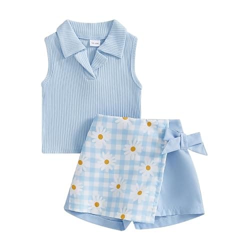 Madjtlqy Toddler Baby Girls Summer Outfit Sleeveless Ribbed Collared Tank Tops + Floral Skirt Shorts Set Kids Cute Clothes - Image 1