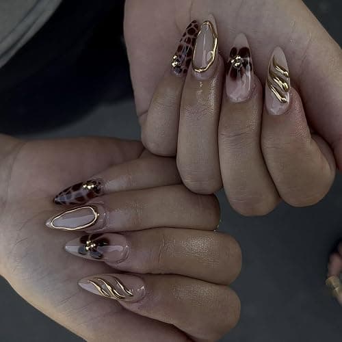 LPOODDNU Brown Almond Press on Nails - Medium Leopard Fake Nails with 3D Gold&Flower Designs, Glossy Finished Reusable False Nails with Double Adhesive Glue Tabs - 24Pcs Nail Kit for Women Manicure thumbnail 2