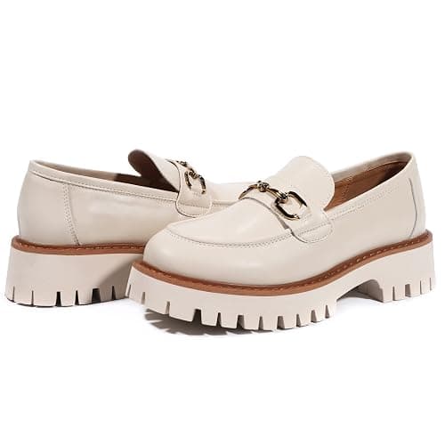 Beige Platform Loafers for Women Chunky Heel Lug Sole Loafers Slip ons Round Toe thumbnail 6