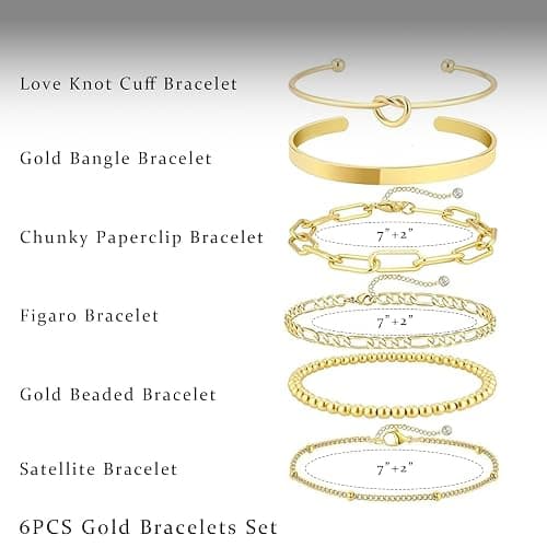 HERIER Gold Bracelets for Women 18k Gold Plated Bracelet Stack Bangle Cuff Bracelet Set for Women Non Tarnish Beaded/Paperclip/Cuban Link Chain Bracelets Jewelry for Women Trendy thumbnail 5