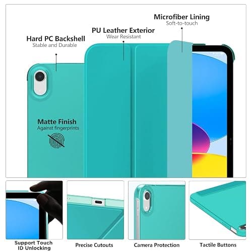 MoKo for iPad (A16) 11th Generation Case, iPad 10th Gen Case, Pagoda Blue | For iPad 11/10.9 Inch Case 2025/2022, Slim Stand Hard PC Translucent Back Shell Smart Cover,Support Touch ID,Auto Wake/Sleep thumbnail 3