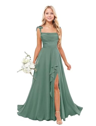Fouwey Junior Bridesmaid Dresses for Wedding Teen Girls Spaghetti Strap Chiffon Flower Girl Dress Ruffles Prom Dress 2-16Y thumbnail 3