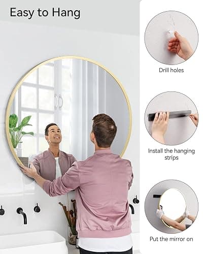 Gold Circle Mirror for Bathroom, 18 inch Round Mirror, HD Eco-Friendly Round Bathroom Mirror for Over Sink, Small Matte Gold Metal Framed Wall Mirror for Wall, Vanity, Entryway, Easy to Install - Gold - 18"L x 18"W thumbnail 6