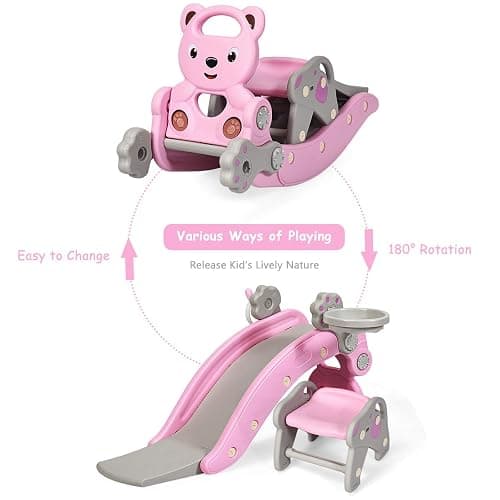Costzon 5 in 1 Toddler Slide Rocking Toy, Slide for Kids with Detachable Stool, Basketball Hoop and Ring Game, Foldable Climber Playground Slide for Both Indoors Outdoor Use (Pink Bear) thumbnail 4