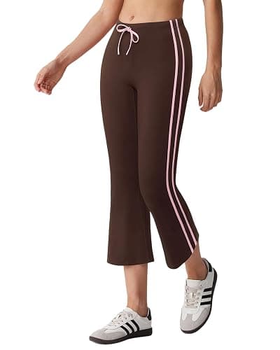 MOOSLOVER Women Flare Capri Yoga Pants High Waisted Side Stripe Drawstring Bootcut Flared Cropped Leggings - Image 1
