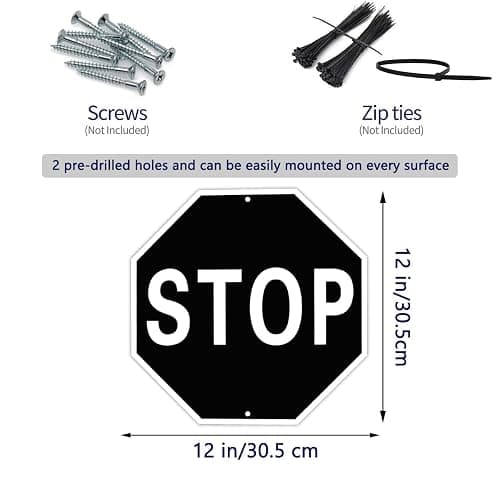 Black Stop Sign, 12 x 12 Inch Aluminum Metal Wall Decor Sign | UV Printed Aluminum Stop Sign with Pre-Drilled Holes for Garage, Bar, Home, Office and Indoor Outdoor Wall Decor thumbnail 3