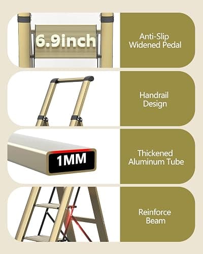 WOA WOA 4 Step Ladders for Home, 300lbs Load, 37'' Top Step, Gold | 9ft Reach; For Closets, Kitchens; Anti-Slip Feet Suit Wood, Tile, Carpet; Rigid Aluminum Pedals; Handrail Adds Balance. thumbnail 5
