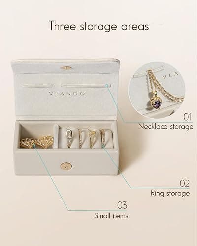 Vlando Small Jewelry Box, Mini Jewelry case for Rings Necklace Earrings, Portable Jewelry Storage Organizer with Magnetic Switch,Birthday,Christmas Gift for her - Cream White thumbnail 5