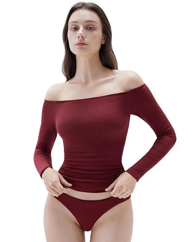 SUUKSESS Women Padded Off The Shoulder Tops Ribbed Long Sleeve Shirts Fall Basic - Image 1