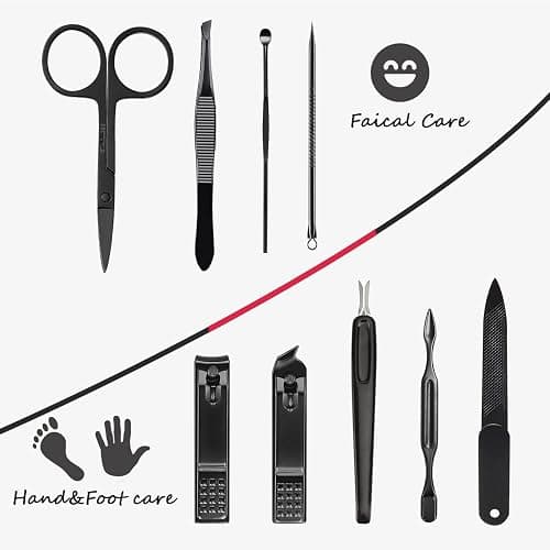 HANTEKAS Manicure Set 9 in 1 Stainless Steel, Nail Clippers Scissors Pedicure Tools Kit - Portable Travel Grooming Kit for Men and Women with Black/Red Leather Case (Red) thumbnail 5