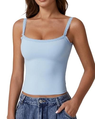 QINSEN Womens Square Neck Lace Trim Tank Top Double Lined Slim Fitted Y2k Going Out Camisole Shirts - Image 1