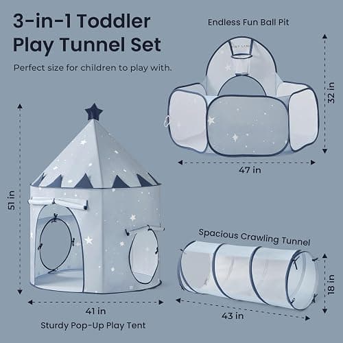 Tiny Land 3-in-1 Baby Tunnel for Toddlers with Ball Pit & Play Tent, Pop Up Crawl Tunnel for Kids, Indoor/Outdoor Play Tunnel, Foldable Baby Crawling Tunnel Toy (Blue) thumbnail 2