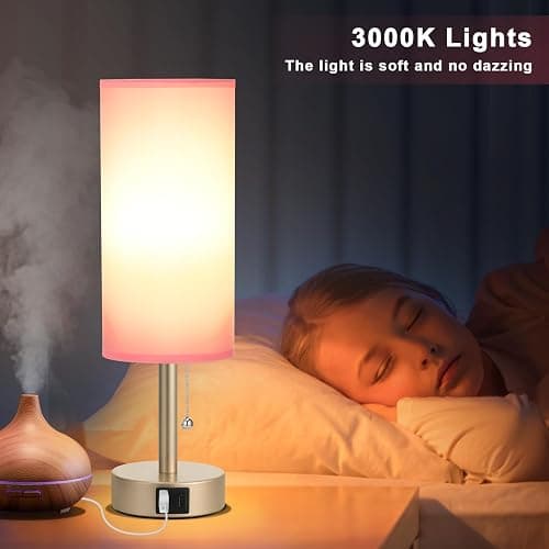 Small Table Lamp for Bedrooms - Bedside Lamps for Nightstands, Minimalist Night Stand Light with round fabric shade, Desk Reading Lamps for Children's room, Living room, Offices,Dorm (Pink and Gold) thumbnail 6