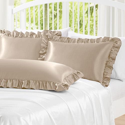 Homiest Ruffle Satin Pillowcase for Hair and Skin, Standard Size Satin Pillow Covers Silky Pillow Cases Set of 2, Satin Ruffled Pillowcase with Envelope Closure, Anti Wrinkle Pillow Shams (Taupe) thumbnail 4