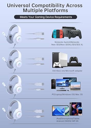 syndesmos CM7002 Gaming Headset for PC, PS5, Xbox Series X|S, Switch, | Over-Ear Headphones with 7.1 Surround Sound, 50MM Drivers & Noise Canceling Mic, RGB Comfort Headset for Gaming, Light White thumbnail 7