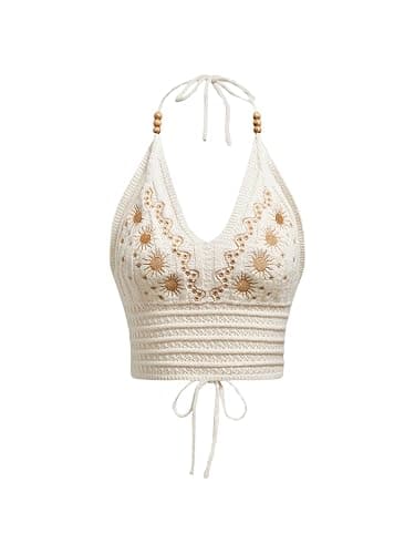 SHENHE Women's Open Back Knitted Halter Crop Top Tie Backless Embroidered Hippie Top - Image 1