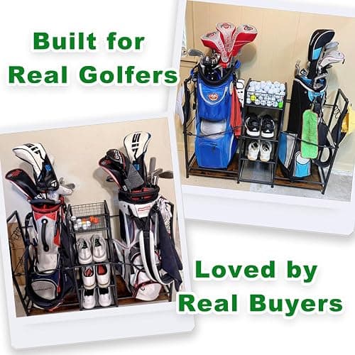 Jsskeeim Golf Bag Storage Organizer for Garage Organization, Golf Bag Stand for Golf Bag Accessories, Spacious Golf Rack for Golf Clubs & Golf Essentials, Ideal Golf Gifts for Men (Fits 2 Golf Bags) thumbnail 7