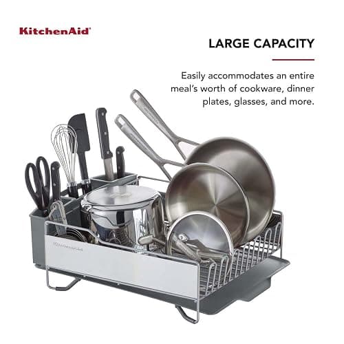 KitchenAid Large Capacity Full Size Rust Resistant Dish Rack with Angled Drain Board and Removable Flatware Caddy, Light Grey thumbnail 5