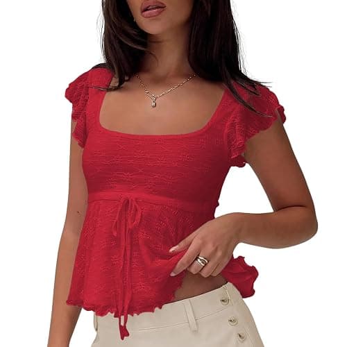 Women Lace Babydoll Tank Top Y2k Cap Sleeve Peplum Top Flowy Layered Ruffle Crop Cami Coquette Floral Going Out Shirt - Image 1