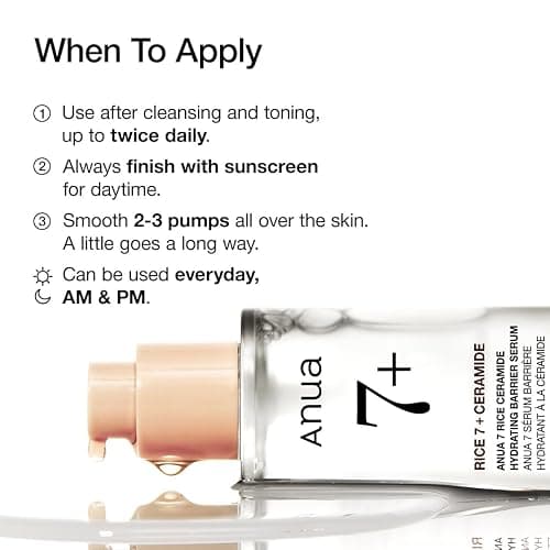 Anua Rice Ceramide 7 Hydrating Barrier Serum, Moisturizing Face Serum, Non-comodogenic, Hyaluronic Acid, Niacinamide, Lightweight, Fragrance Free, Sensitive Dry Skin, Korean Skincare, 1.69 fl oz thumbnail 6