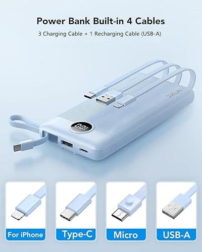 VRURC 10000mAh Power Bank Built-in Cables, Portable Charger with LED Display, Slim Travel Battery Pack with Cords, 5 Output Dual Input Phone Charger for Cell Phone Smart Devcies-Blue(1 Pack) - Blue thumbnail 2