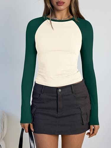 Trendy Queen Women's Long Sleeve Shirts Slim Fit Stretchy Color Block Slightly Cropped Tops thumbnail 2