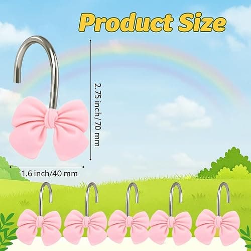 12 Pink Bow Resin Shower Curtain Hooks - Cute Bathroom Decor for Girls, Princesses and Glam Style thumbnail 3
