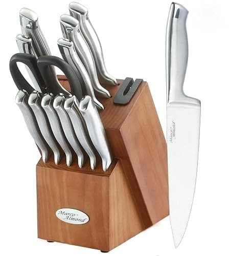 Marco Almond® Knife Block Set, KYA26 Knife Set with Block, 14 Pieces Stainless Steel Chef Kitchen Knives with Built-in Sharpener - Image 1