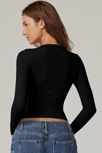 QINSEN Womens Crewneck Long Sleeve Shirt Double Lined Basic Tees Side Ruched Going Out Crop Tops thumbnail 2