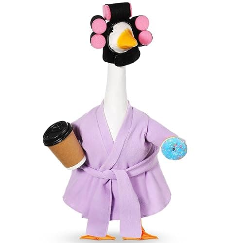 Shyyween 23 Inch Porch Goose Summer Outfit Light Purple Goose Bathrobe Statue Clothes Coffee Cup Curlers for Cement Plastic Lawn Geese Outdoor Garden Yard Patio Decoration - Image 1