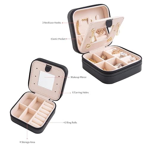KElofoN Travel jewelry case Travel jewelry box Travel Jewelry Organizer Small Jewelry Organizer Box Gift for Girls Women with Mirror(Black) thumbnail 5