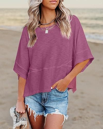 Sovelen Women's Summer Casual Crewneck Batwing Half Sleeve T-Shirts Solid Color Loose Fit Cute Basic Flowy Tops Tees Blouses thumbnail 4