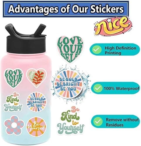 100pcs Preppy Aesthetic Stickers Pack - Waterproof Vinyl Decals for Water Bottles, Laptop & Phone - Positive Motivational Quotes, Inspirational Pink Stickers for Girls Women Kids thumbnail 6