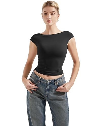 SUUKSESS Women Backless Sexy Going Out Tops Double Lined Open Back Y2k Basic Tee Shirts thumbnail 3