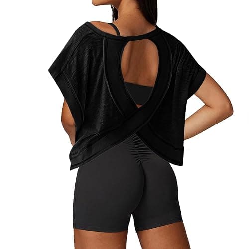 UNIANKIYA Open Back Workout Tops for Women Loose Fit Athletic Crop Tee Short Sleeve Gym Running Yoga Shirt - Image 1