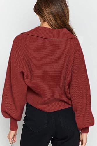 CHYRII Women Overized Puff Long Sleeve V Neck Knitted Polo Pullover Sweater Jumper Tops thumbnail 2
