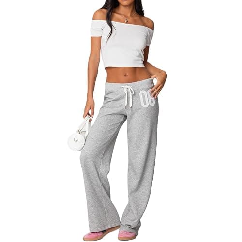 Mxiqqpltky Wide Leg Sweatpants Women Soft Drawstring Low Waist Straight Baggy Number Print Joggers Y2K Graphic Lounge Pants - Image 1