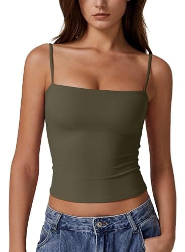 QINSEN Women's Double Lined Basic Tank Top Adjustable Spaghetti Straps Sleeveless Camisole Shirts - Image 1