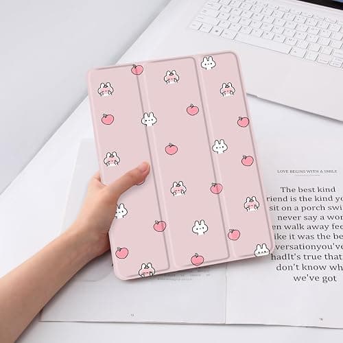 JOYLAND Cute Peach Bunny for 12.9 Inch iPad Pro 2022/2021/2020/2018 with Pencil Holder, Cartoon Printed Pink Trifold Stand Cover Full Body Protection, Auto Wake/Sleep - 12.9" iPad Pro(2018/2020/2021/2022) - Bunny thumbnail 7