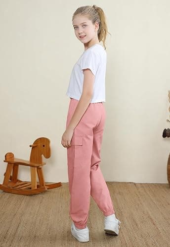 SANGTREE Girls' 2 Piece Outfits T-Shirt and Drawstring Cargo Jogger Pants Clothing Set, 4-14 Years - Small - White + Pink thumbnail 3