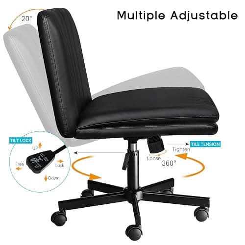 PUKAMI Criss Cross Chair with Wheels,PU Leather Armless Cross Legged Office Vanity Desk Chair for Home Office,Modern Swivel Height Adjustable Wide Seat(Black) thumbnail 7