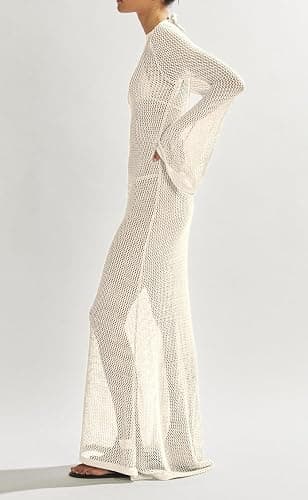 Saodimallsu Womens Crochet Cover Ups Long Sleeve Sexy Mesh Backless Knit Swimsuit Coverup Beach Maxi Dress thumbnail 2