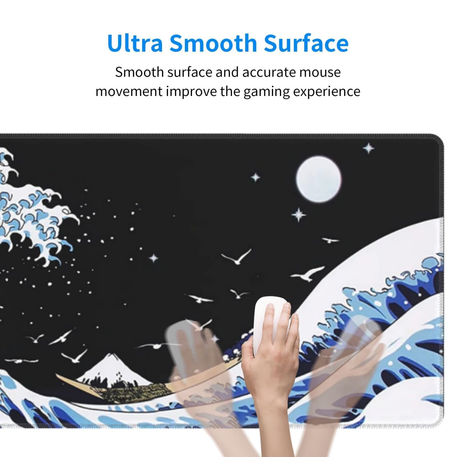Japanese Blue and Black Sea Wave Mouse Pad - Abstract Blue Desk Mat, 31.5x11.8 Inch, Non-Slip Rubber Base, Stitched Edges - Keyboard Mouse Mat for Office, Home, Game thumbnail 6