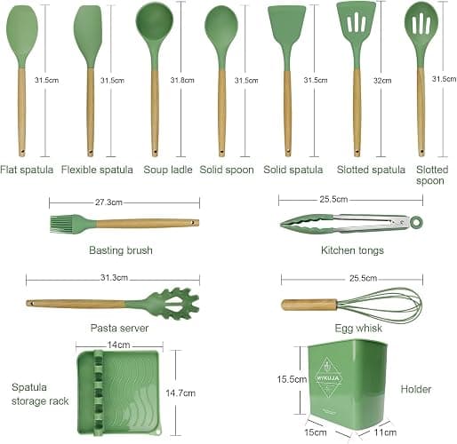 MYKUJA Silicone Cooking Utensils Set, Heat Resistant Kitchen Utensils Set, Spatula,Turner Tongs,Spoon,Brush,Whisk, Cooking Kitchen Utensils Spatula Set, Nonstick Cookware（sage green） - Sage Green thumbnail 3