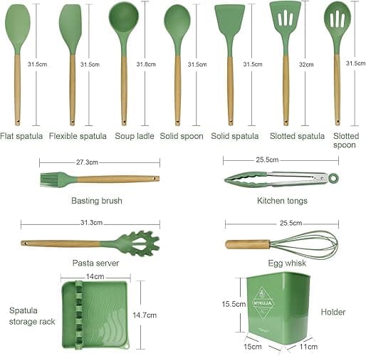MYKUJA Silicone Cooking Utensils Set, Heat Resistant Kitchen Utensils Set, Spatula,Turner Tongs,Spoon,Brush,Whisk, Cooking Kitchen Utensils Spatula Set, Nonstick Cookware（sage green） - Sage Green thumbnail 3