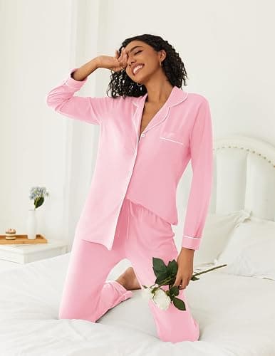 Ekouaer Womens Pajamas Set 2 Piece Button Down Pjs Soft Long Sleeve Top and Pants Sleepwear Set Lounge Sets thumbnail 6